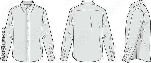 Long sleeve shirt technical drawing, front back side view, fashion flat sketch, garment design vector, apparel construction illustration