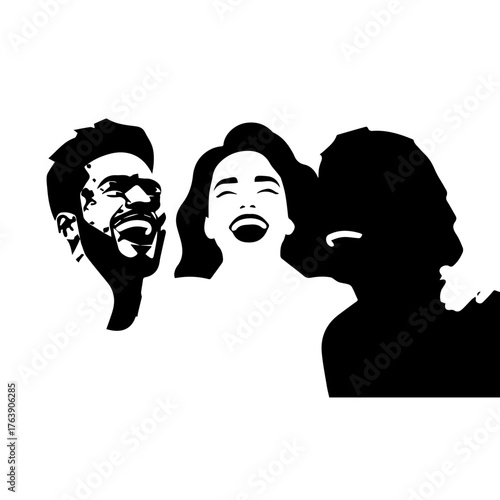 Joyful Trio: A striking minimalist artwork showcasing three individuals immersed in laughter, celebrating the essence of pure glee and vibrant emotion.