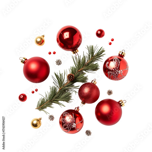 Red Christmas ornaments are arranged on a white background.