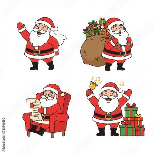 Jolly Santa Claus cartoon character collection celebrating Christmas with presents and wish lists