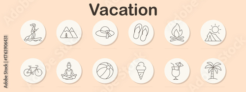 Vacation set icon. Paddle board, mountains, hat, flip flops, campfire, tent with sun, bicycle, yoga, beach ball, ice cream, cocktail, palm tree.