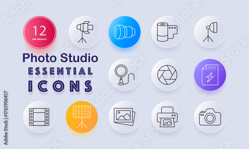 Photo studio set icon. Flash light, lens, camera roll, softbox, mic, aperture, SD card, film, backdrop, print, photo, camera outlined with studio theme elements.