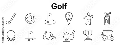 Golf set icon. Golf club, ball, hole, tee, swing pose, bag, flag, cap, hitting motion, trophy, golf cart outlined with minimal sport illustration style.