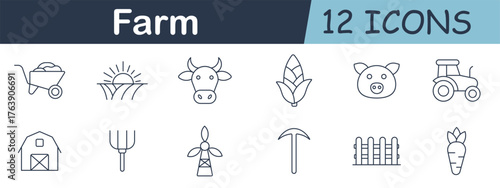 Farm set icon. Wheelbarrow, sunrise, cow, corn, pig, tractor, barn, pitchfork, windmill, hoe, fence, and carrot drawn in agricultural outline style.