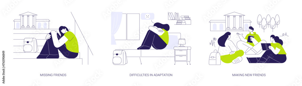 Fototapeta premium Student social adaptation isolated cartoon vector illustrations se