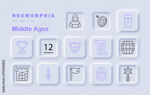 Middle Ages set icon. Shows knight hood, arrow target, fortress, shield, parchment, sword, flag, helmet, trophy, tankard, gate, mace weapon