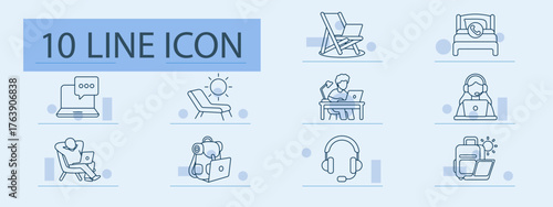 Remote work set icon. Line icons with laptop, headset, desk, coffee, sun lounger, clock, message, backpack, lightbulb, support agent
