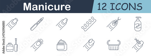 Manicure set icon. Fingernails, nail polish, files, finger care tools, separator, polish brush, bottles, hand massage, cuticle trimmer, cream jar, grooming brush.