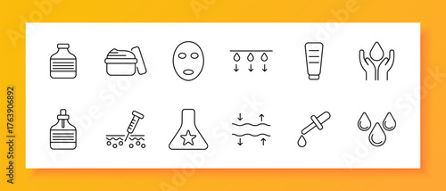 Facial care set icon. Mask, scrub, serum, cream, dropper, skin, exfoliation, treatment, hydration, beauty, cosmetic, moisture, care, wellness, freshness, selfcare, softening