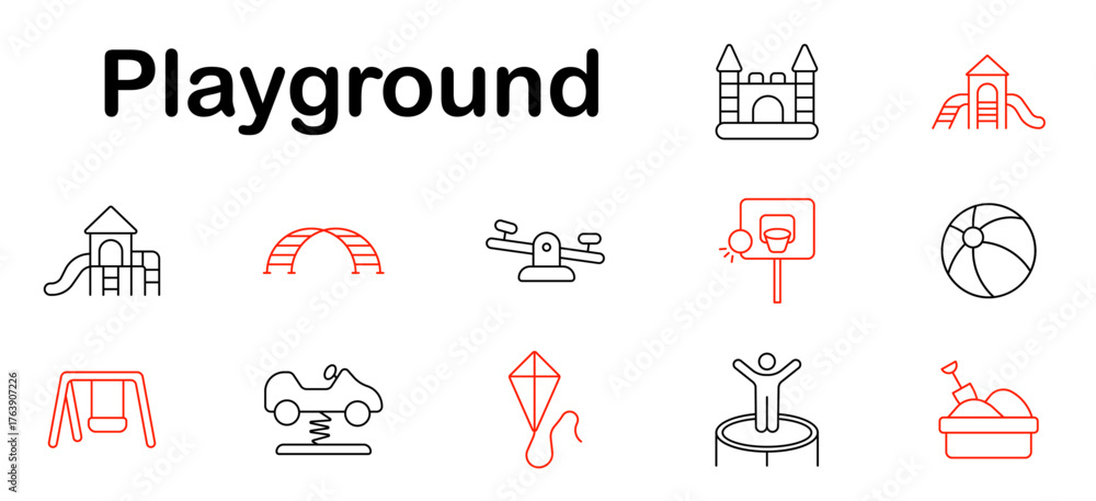 Fototapeta premium Playground set icon. Slide, castle, swing, ball, trampoline, car spring, seesaw, hoop, kite, sandpit, tower, bridge, climbing, fun, outdoor, park.