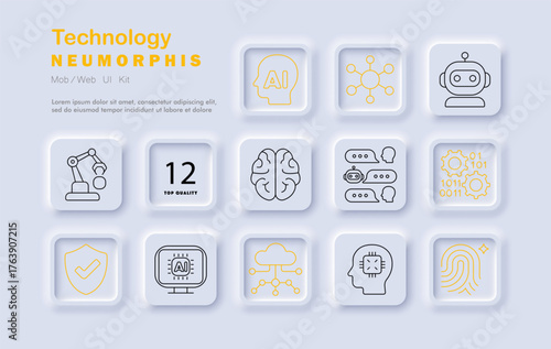 Technology set icon. Digital style icons depict robot, AI brain, code, fingerprint, chip, chatbot, neural network, gear, shield, cloud, head, arm, and monitor screen.