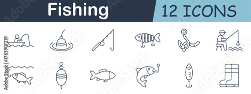 Fishing set icon. Rod, reel, fish, hook, boat, bait, bobber, lure, boot, and catch scene outlined in a clean recreational and outdoor sporting style.