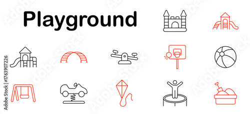 Playground set icon. Slide, castle, swing, ball, trampoline, car spring, seesaw, hoop, kite, sandpit, tower, bridge, climbing, fun, outdoor, park.