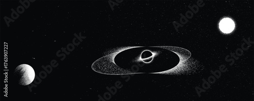 Stars and exoplanet in outer space. Futuristic landscape, with noise texture . Night landscape with starry sky .Vector illustration
