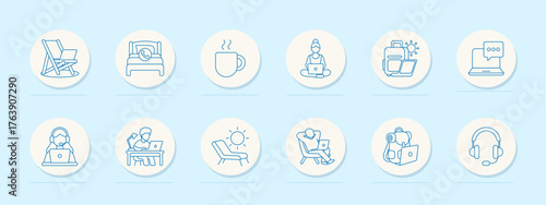 Remote work set icon. Circular line icons showing laptop, headset, chair, coffee cup, bed, sun lounger, messaging, suitcase, desk, and people in work-from-home scenarios