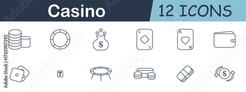 Casino set icon. Line icons with chips, playing cards, tokens, dice, wallet, dollar signs, spinning arrows, lucky number, round tables, winnings, slots