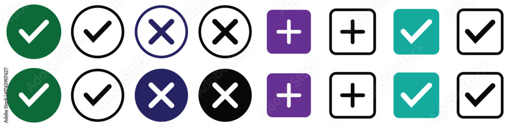 Fototapeta premium Green Tick and Red Cross Icons Set – Vector Checkmark and Cancel Symbols in Circle and Square Shapes