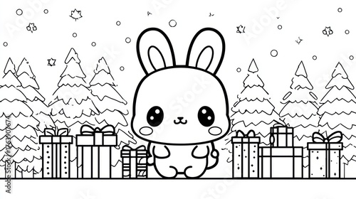 A cute, big-eyed bunny sits amongst snowy trees and wrapped gifts