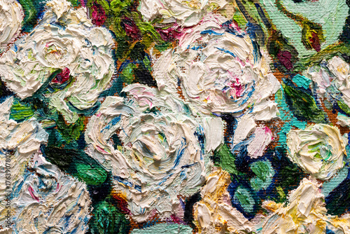 Roses. Details of oil painting on canvas. . Free copy based the wonderful painting by a famous artist. Brush strokes and paint texture