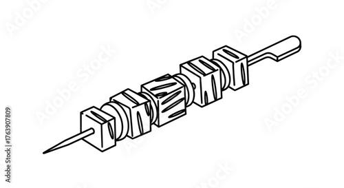 Skewered food illustration with meat and vegetables on a stick.