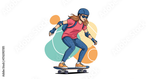 Skateboarder in action, focused on the ride, full safety gear.
