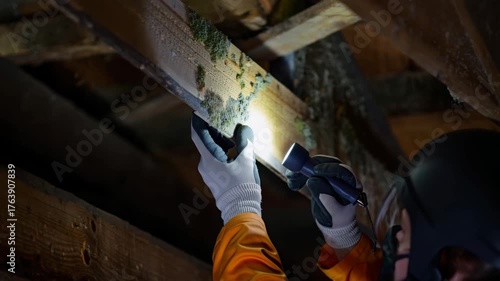 Mold on wooden beam, closeup inspection, moisture damage, attic contamination, fungus growth, home safety issue, mold detection, structural decay, hidden hazard, indoor air quality
