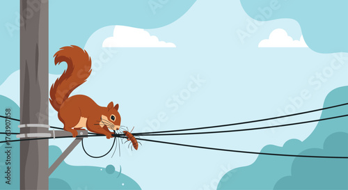 Squirrel on Power Lines - A Curious Wildlife Moment.