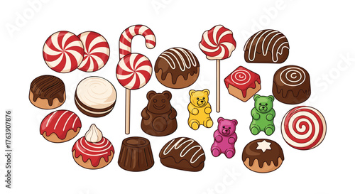 Assortment of colorful candies and sweets on white background.
