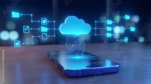 Cloud computing concept: smartphone managing digital data, files, folders. Secure, fast information transfer, storage, Modern technology, network, cybersecurity, mobile solutions