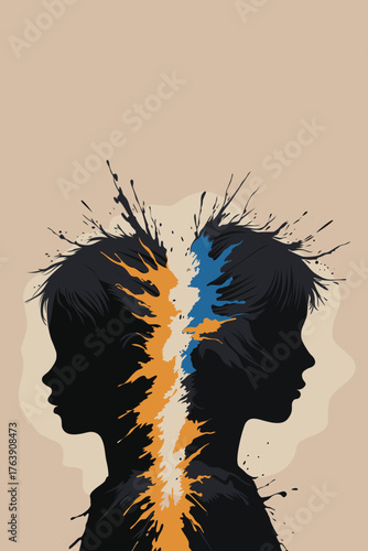Abstract illustration of two opposite child silhouettes divided by a colorful crack, symbolizing conflict, trauma, emotional split, inner struggle, and childhood mental health.