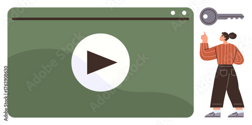 Large video player screen with play button and a woman holding a key, symbolizing unlocking access. Ideal for education, security, streaming, technology, learning, creativity minimalism. Simple flat