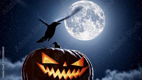 Jack-O’-Lantern Pumpkin with Crow Silhouette under Full Moon on Halloween Night