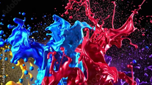 Vibrant Explosion of Blue, Red, and Yellow Paint Splashes Colliding in Midair on Black Background