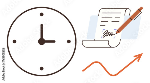 Clock indicating time management, signed document highlighting official agreements, and upward arrow symbolizing growth. Ideal for productivity, success, contracts, time tracking, planning