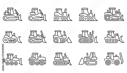 Outline construction icons representing bulldozers, tractors, and industrial engineering tools.