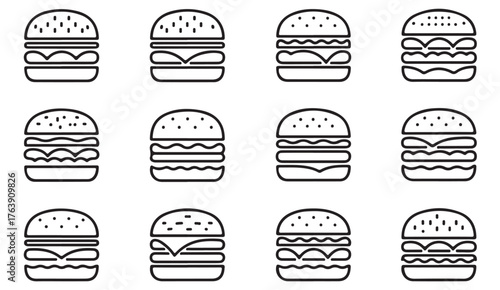 Outline icon collection of burger layers and sandwiches for fast food, lunch, and meal design.
