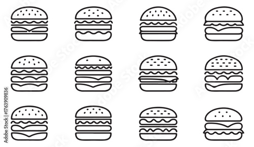 Modern linear vector set of burgers with cheese, meat, and lettuce for food and cafe concepts.