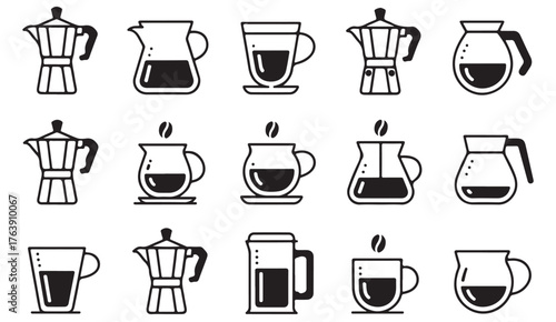 Modern linear vector set of coffee brewing machines, mugs, and carafes for café and drink design.