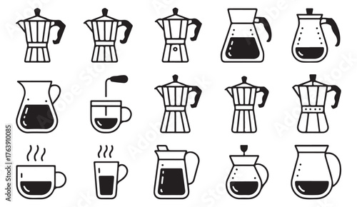 Minimal outline icons of coffee makers, mugs, and cups for hot beverage and barista vector illustration.