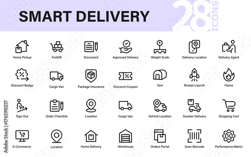 Smart Delivery Icons. modern vector set for shipping, logistics, e-commerce, warehouse, barcode scanning, courier, and fast transport illustration