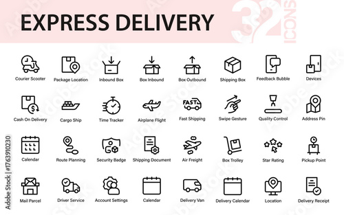 Professional Express Delivery Icons set featuring shipping, courier, tracking, logistics, and payment symbols. perfect for transport, eCommerce, and delivery services.
