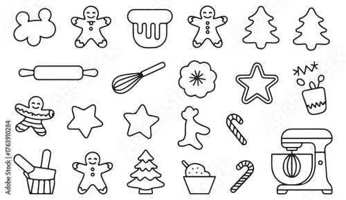 Linear vector set of holiday cookies, trees, and gingerbread men for Christmas and baking illustrations.