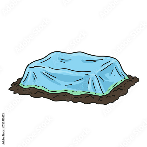 Garden soil covered with a blue plastic sheet on dirt  