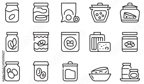 Outline icons of jars, plastic bags, and sealed containers for food preservation and grocery vector art.