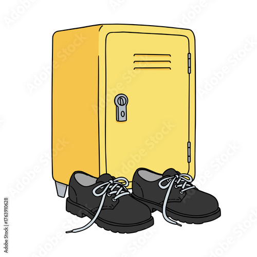 Yellow locker with black shoes on white background  