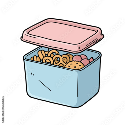 Snack container filled with assorted treats on white background  