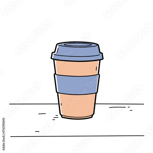 Illustrated takeout coffee cup with blue sleeve on white background  