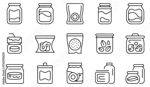 Thin line food jar and packaging icon set showing snack packs, containers, and storage illustrations.