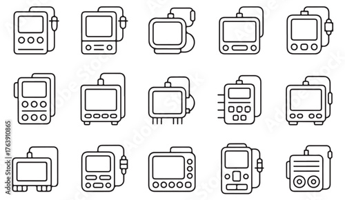 Thin line medical monitor icon set showing hospital diagnostic devices and patient vital screen tools.