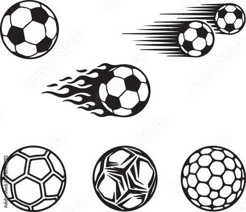 Dynamic soccer ball collection featuring action shots and stylized designs for sports enthusiasts and event promotions